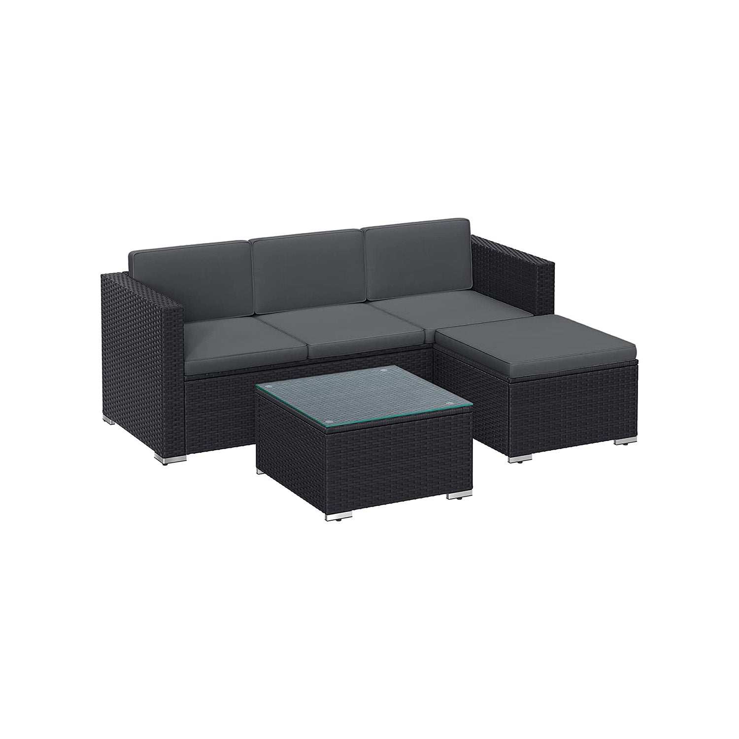 Garden furniture set - with pillows and glass table - black and gray