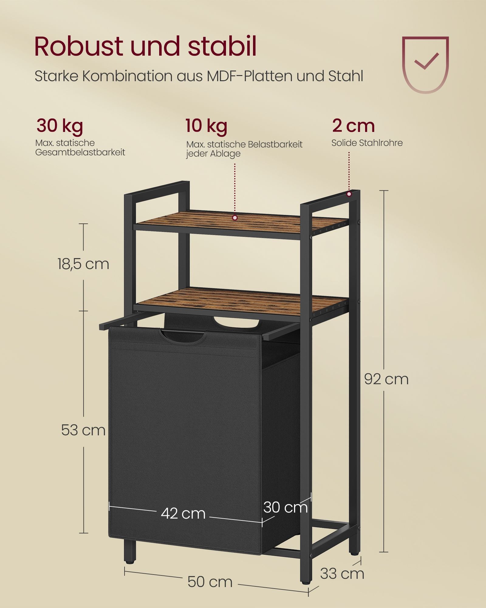 Laundry basket with 2 shelves 65 liters of vintage brown-black
