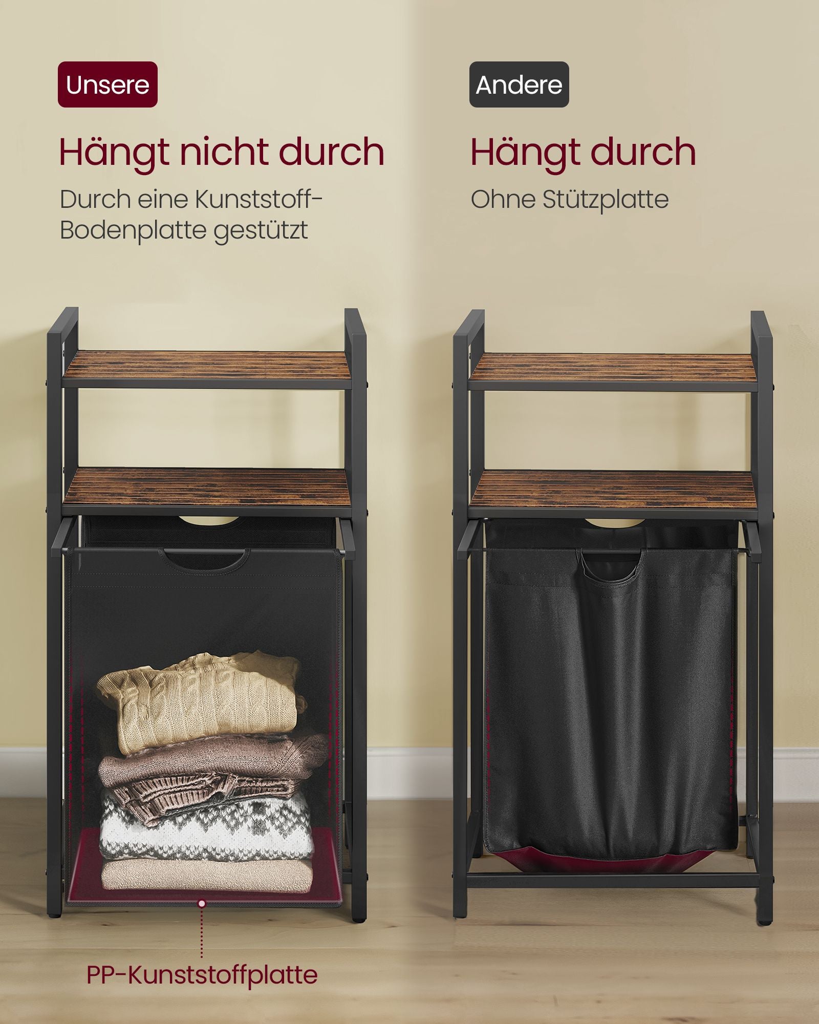 Laundry basket with 2 shelves 65 liters of vintage brown-black