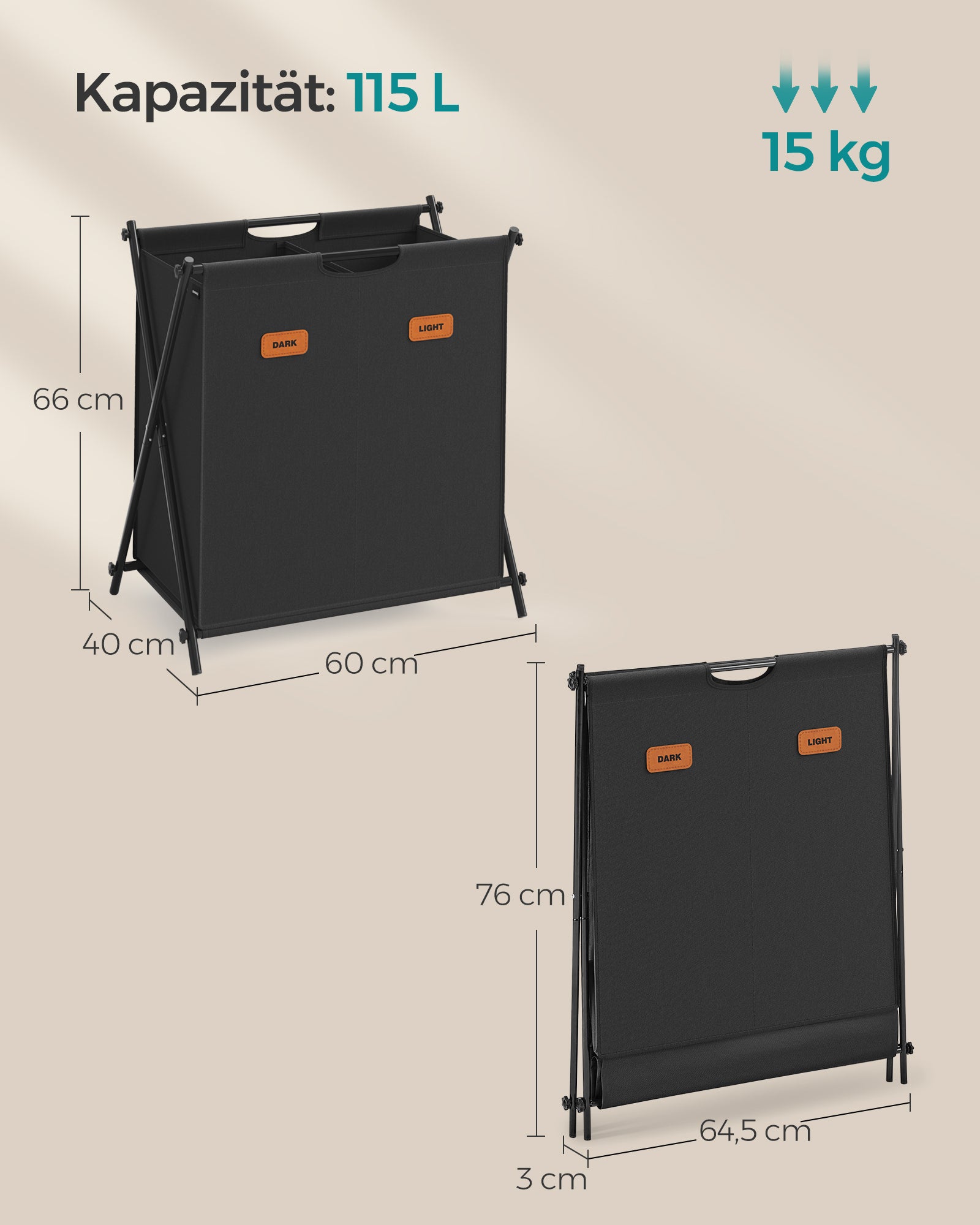 Laundry basket 115 liters with 2 compartments ink -black